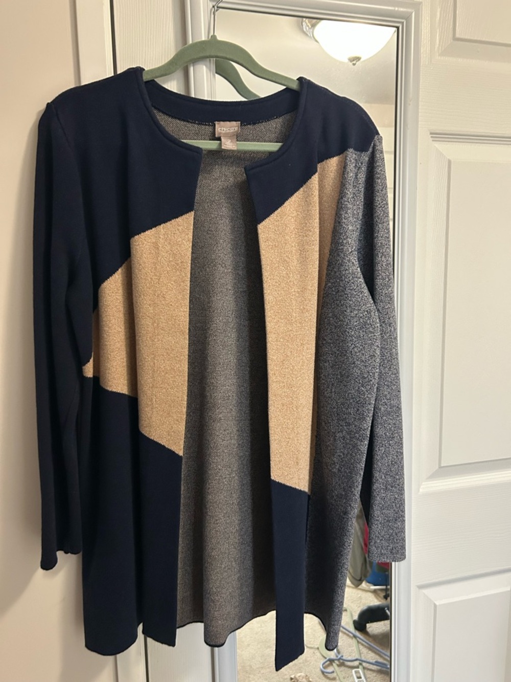 Chico's Size 2 Colorblock Open Cardigan in Navy, Camel & Gray